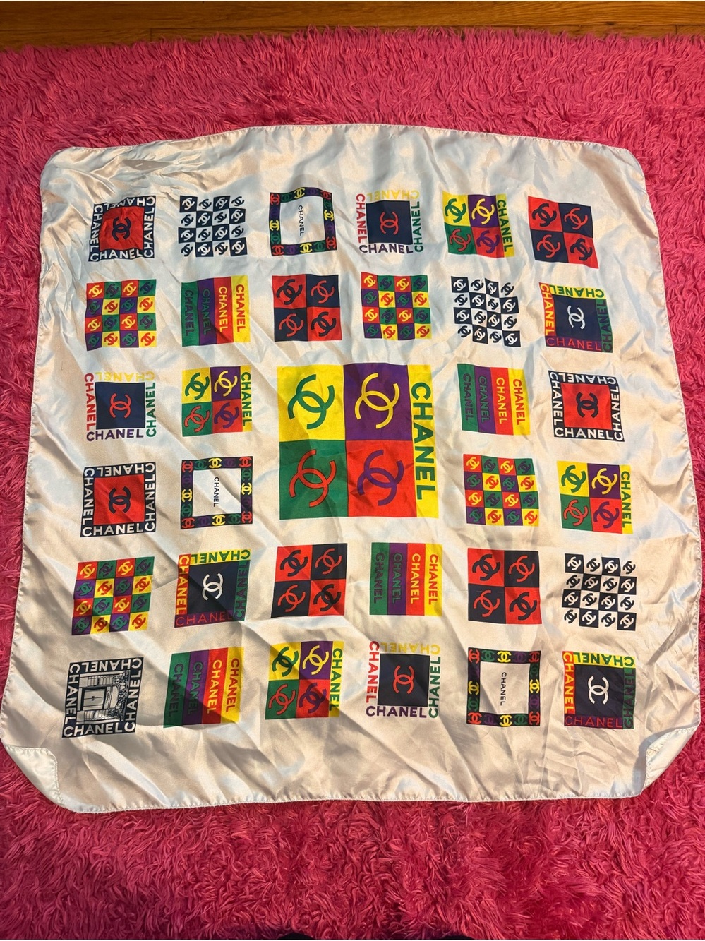 Vintage 1980’s CHANEL Multicolor Logo Block Silk Scarf on Cream